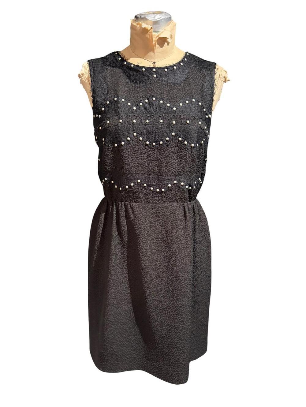 Sandro Sleeveless Black Dress with Pearl Embellishments